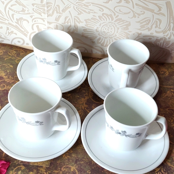 Set of 4 Corelle Corning Ware Cups and Saucers Ribbon Bouquet Pattern - Picture 1 of 7